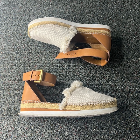 SEE BY CHLOE Tan Glyn Espadrilles Leather Flat Neutral Flats Shoes Gold Buckle 8 - Picture 5 of 16